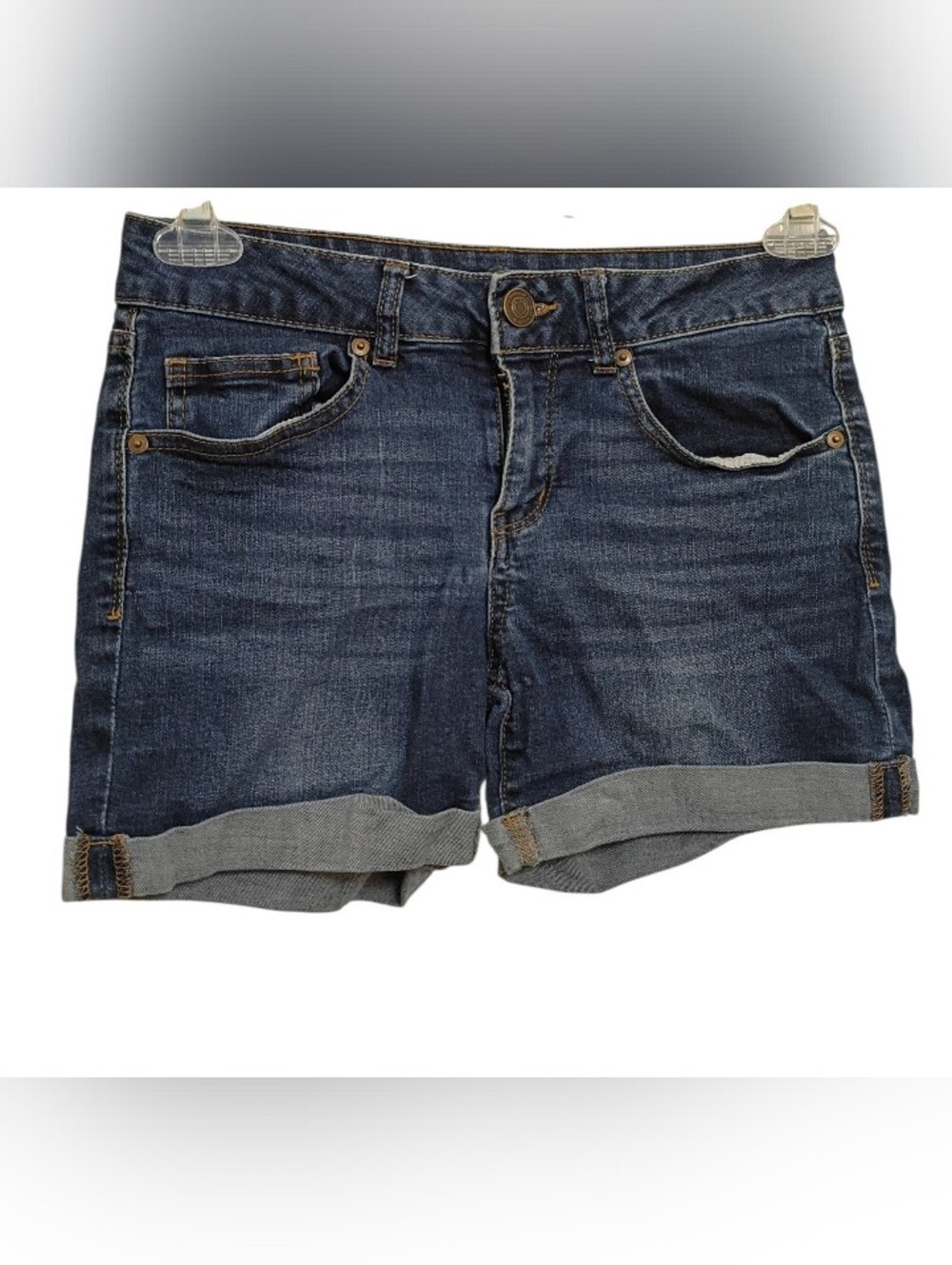 blue denim jean shorts women size 9 midi classic casual summerwear rolled hem